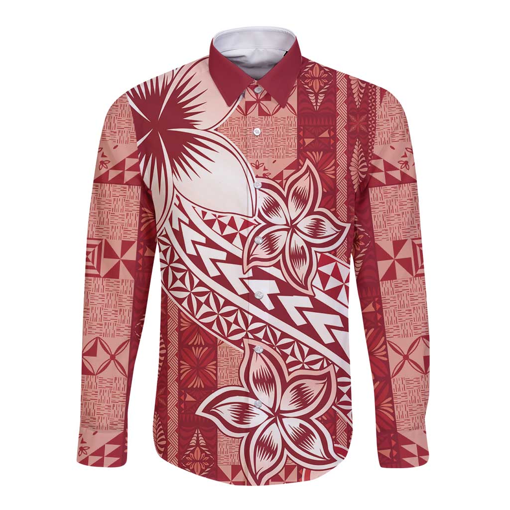 Tonga Kupesi Ngatu Long Sleeve Button Shirt Vintage Red Plumeria