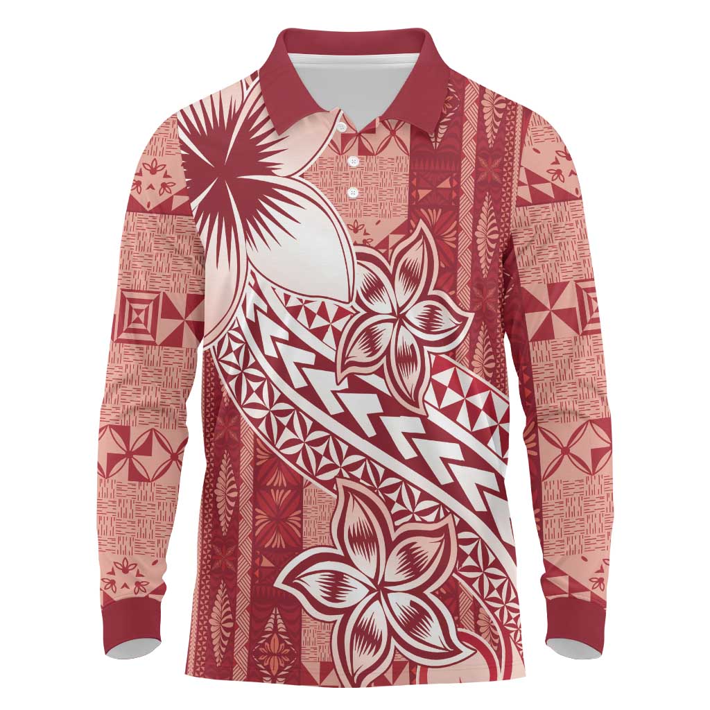 Tonga Kupesi Ngatu Long Sleeve Polo Shirt Vintage Red Plumeria