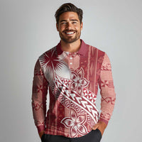 Tonga Kupesi Ngatu Long Sleeve Polo Shirt Vintage Red Plumeria