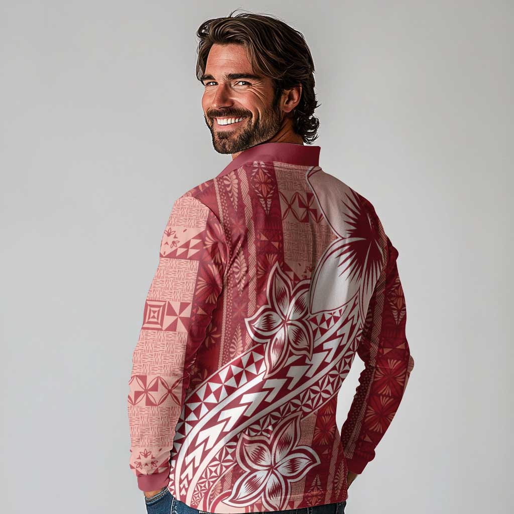 Tonga Kupesi Ngatu Long Sleeve Polo Shirt Vintage Red Plumeria
