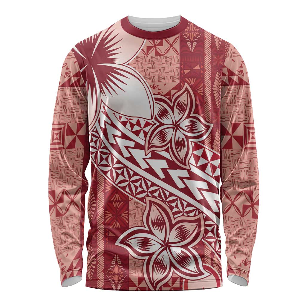 Tonga Kupesi Ngatu Long Sleeve Shirt Vintage Red Plumeria