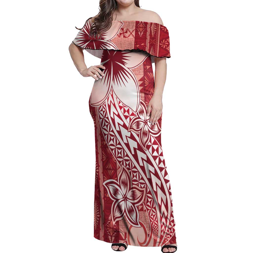 Tonga Kupesi Ngatu Off Shoulder Maxi Dress Vintage Red Plumeria