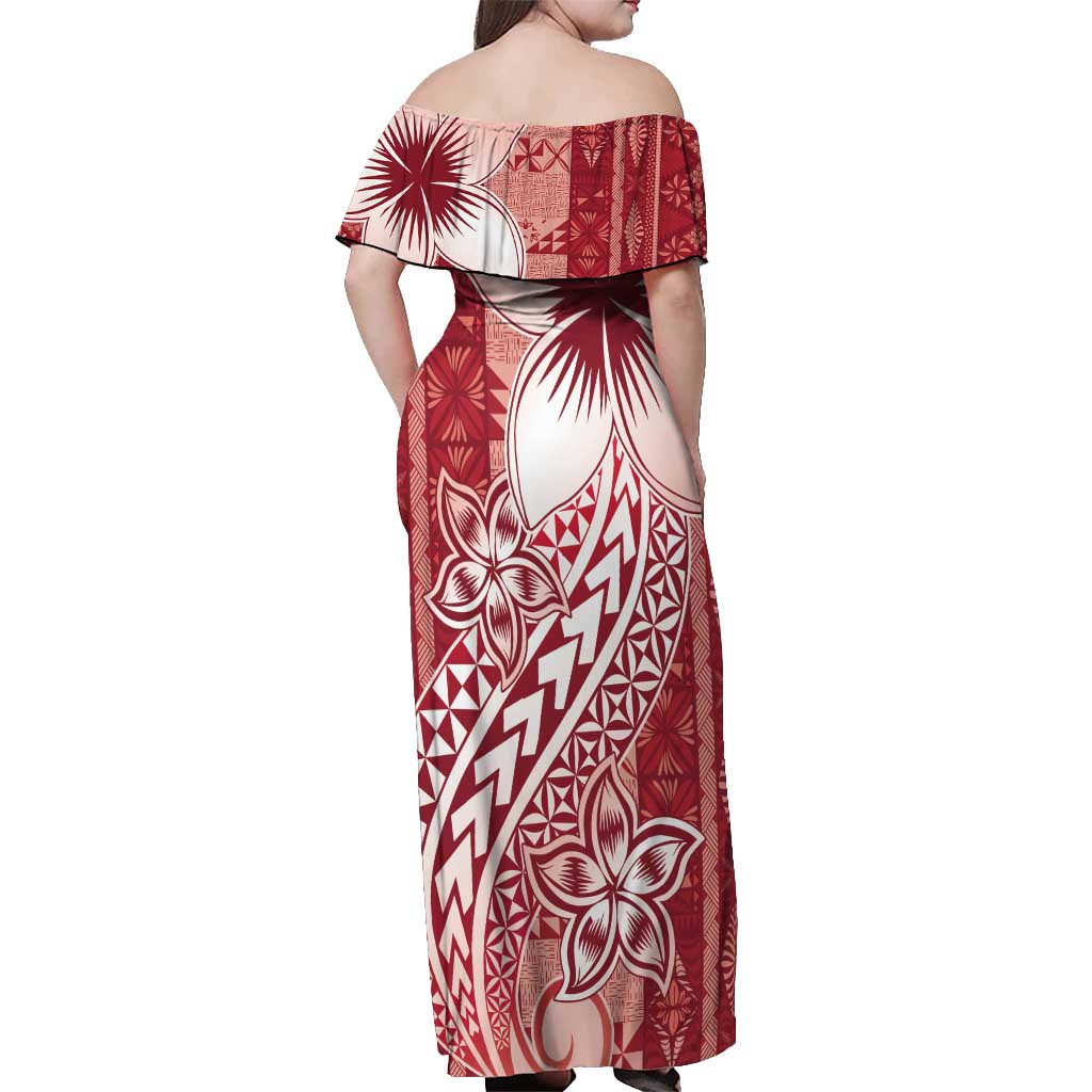 Tonga Kupesi Ngatu Off Shoulder Maxi Dress Vintage Red Plumeria LT05 - Polynesian Pride