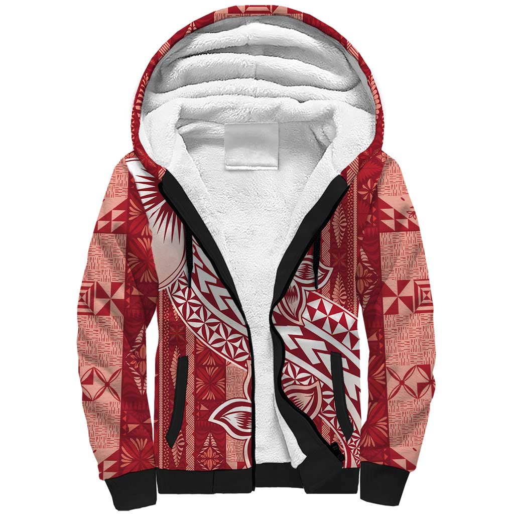 Tonga Kupesi Ngatu Sherpa Hoodie Vintage Red Plumeria