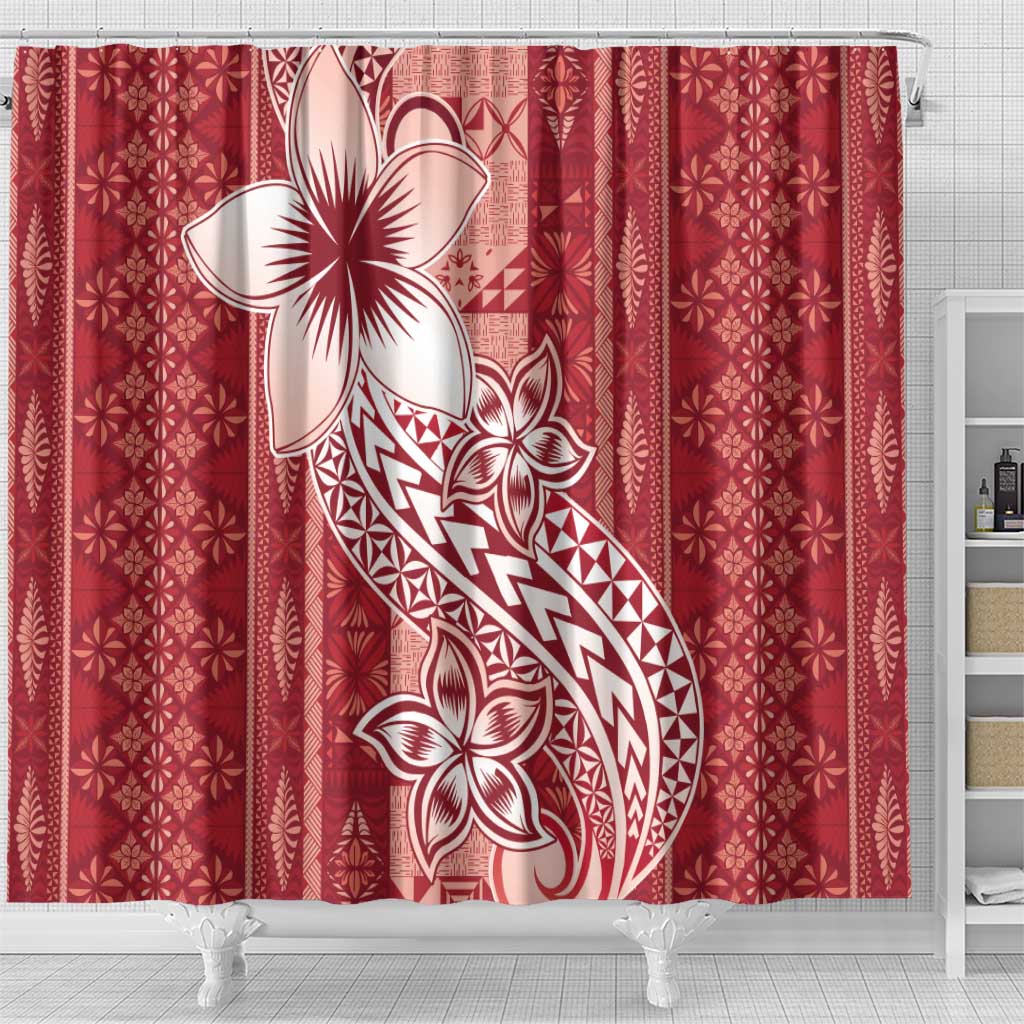 Tonga Kupesi Ngatu Shower Curtain Vintage Red Plumeria