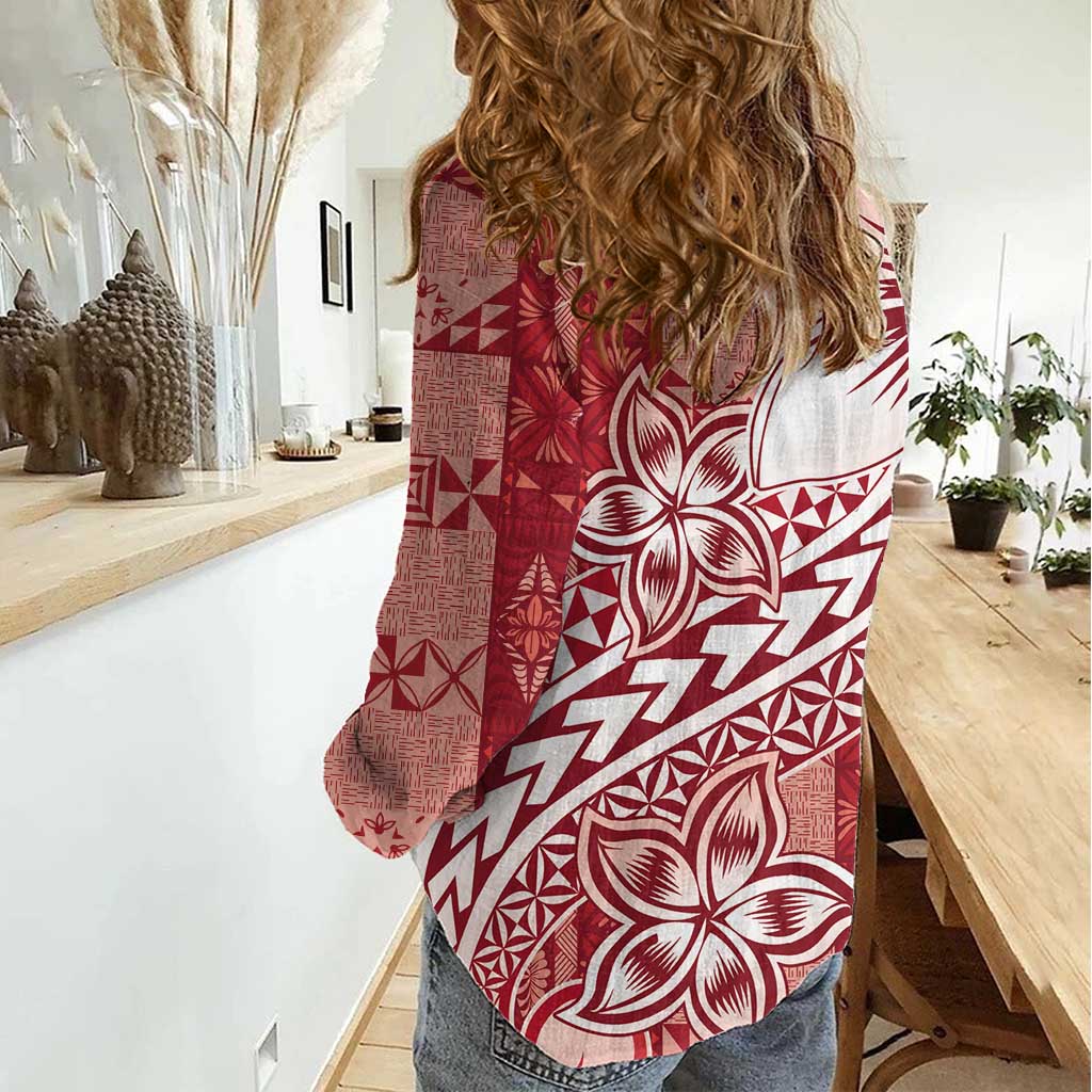 Tonga Kupesi Ngatu Women Casual Shirt Vintage Red Plumeria LT05 - Polynesian Pride