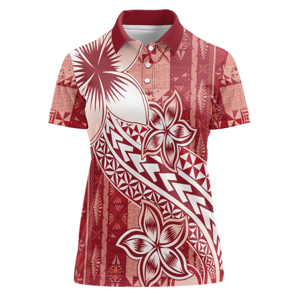 Tonga Kupesi Ngatu Women Polo Shirt Vintage Red Plumeria