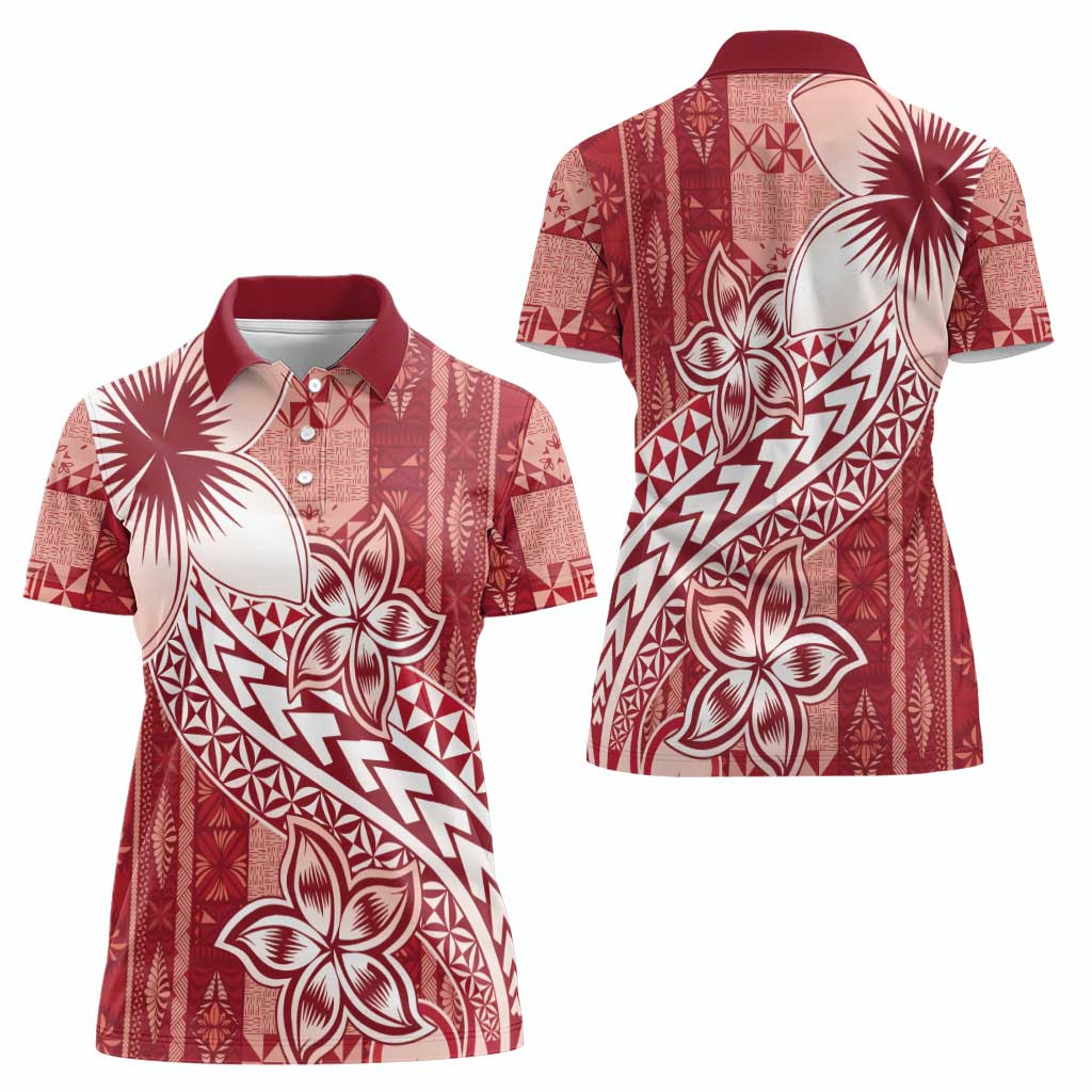 Tonga Kupesi Ngatu Women Polo Shirt Vintage Red Plumeria
