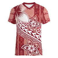 Tonga Kupesi Ngatu Women V-Neck T-Shirt Vintage Red Plumeria