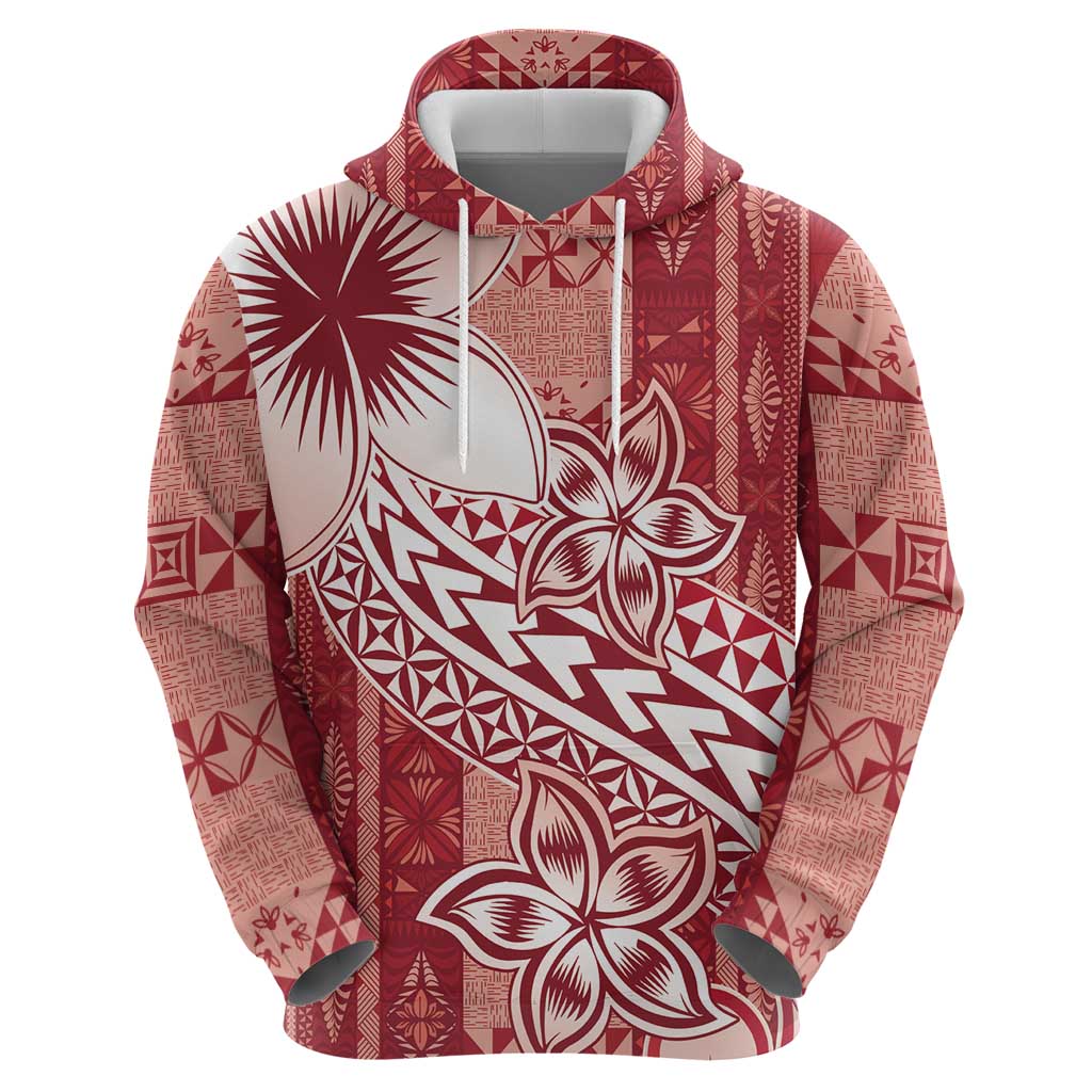 Tonga Kupesi Ngatu Zip Hoodie Vintage Red Plumeria