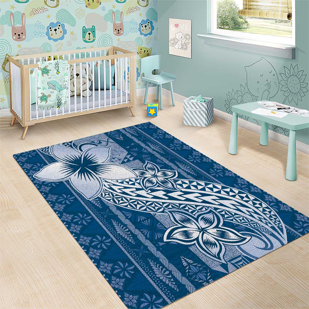 Tonga Kupesi Ngatu Area Rug Vintage Blue Plumeria