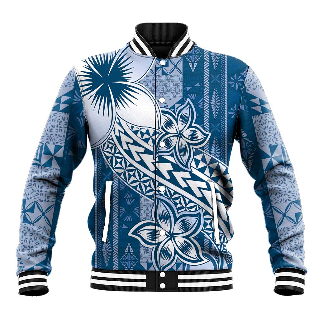 Tonga Kupesi Ngatu Baseball Jacket Vintage Blue Plumeria