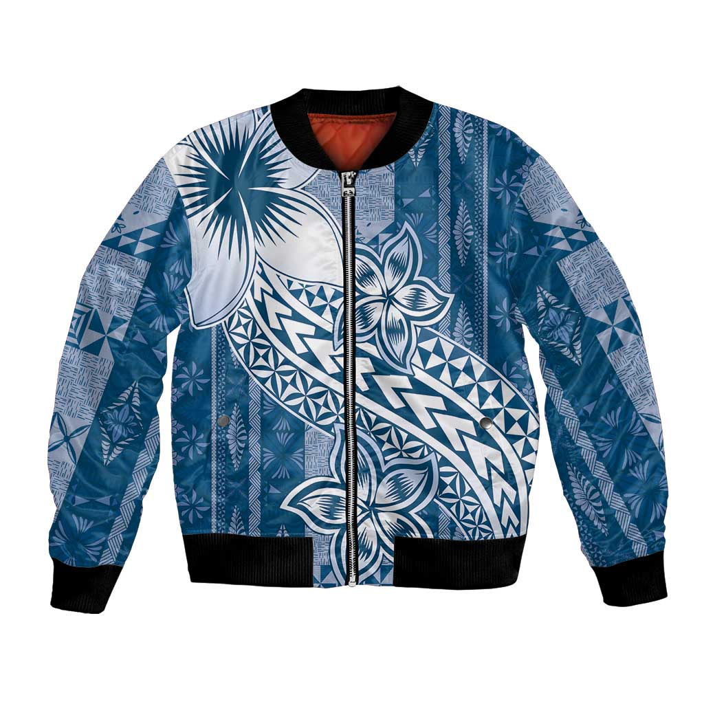 Tonga Kupesi Ngatu Bomber Jacket Vintage Blue Plumeria
