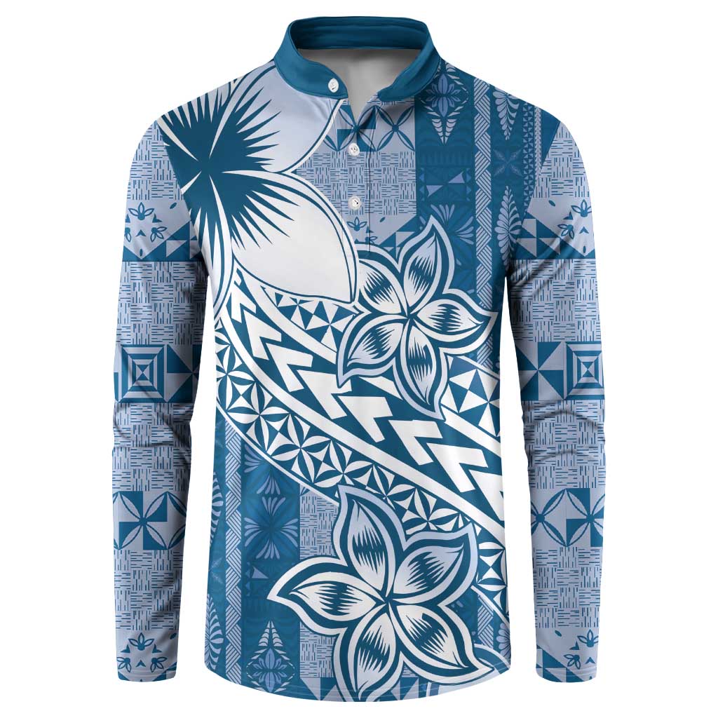 Tonga Kupesi Ngatu Button Sweatshirt Vintage Blue Plumeria