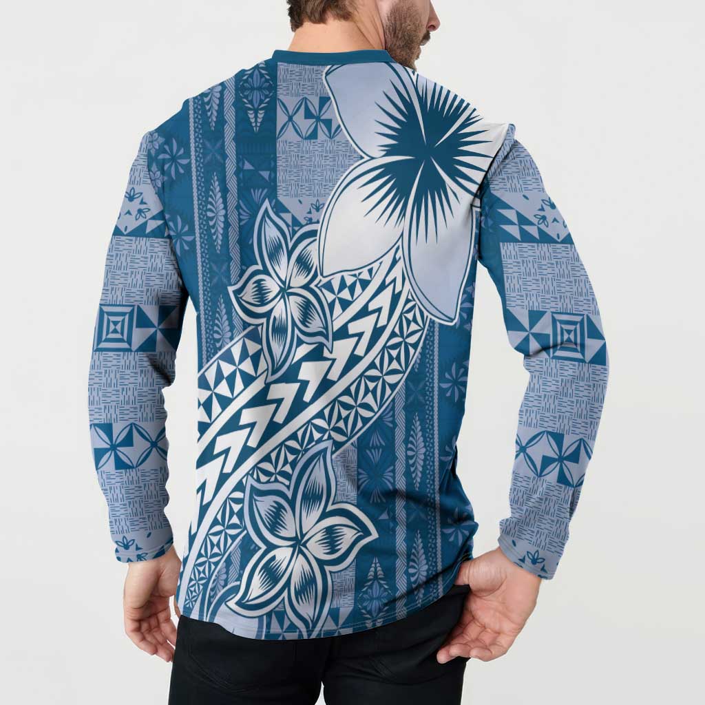 Tonga Kupesi Ngatu Button Sweatshirt Vintage Blue Plumeria