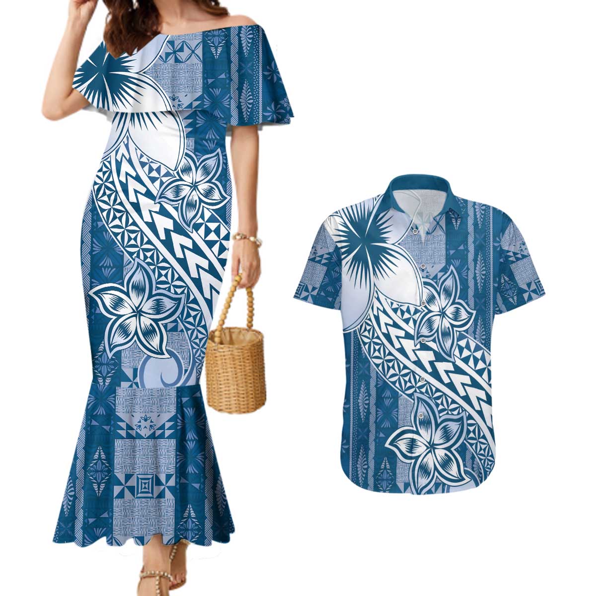 Tonga Kupesi Ngatu Couples Matching Mermaid Dress and Hawaiian Shirt Vintage Blue Plumeria