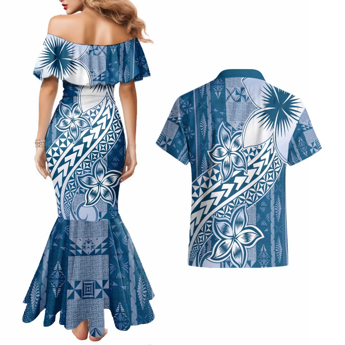 Tonga Kupesi Ngatu Couples Matching Mermaid Dress and Hawaiian Shirt Vintage Blue Plumeria