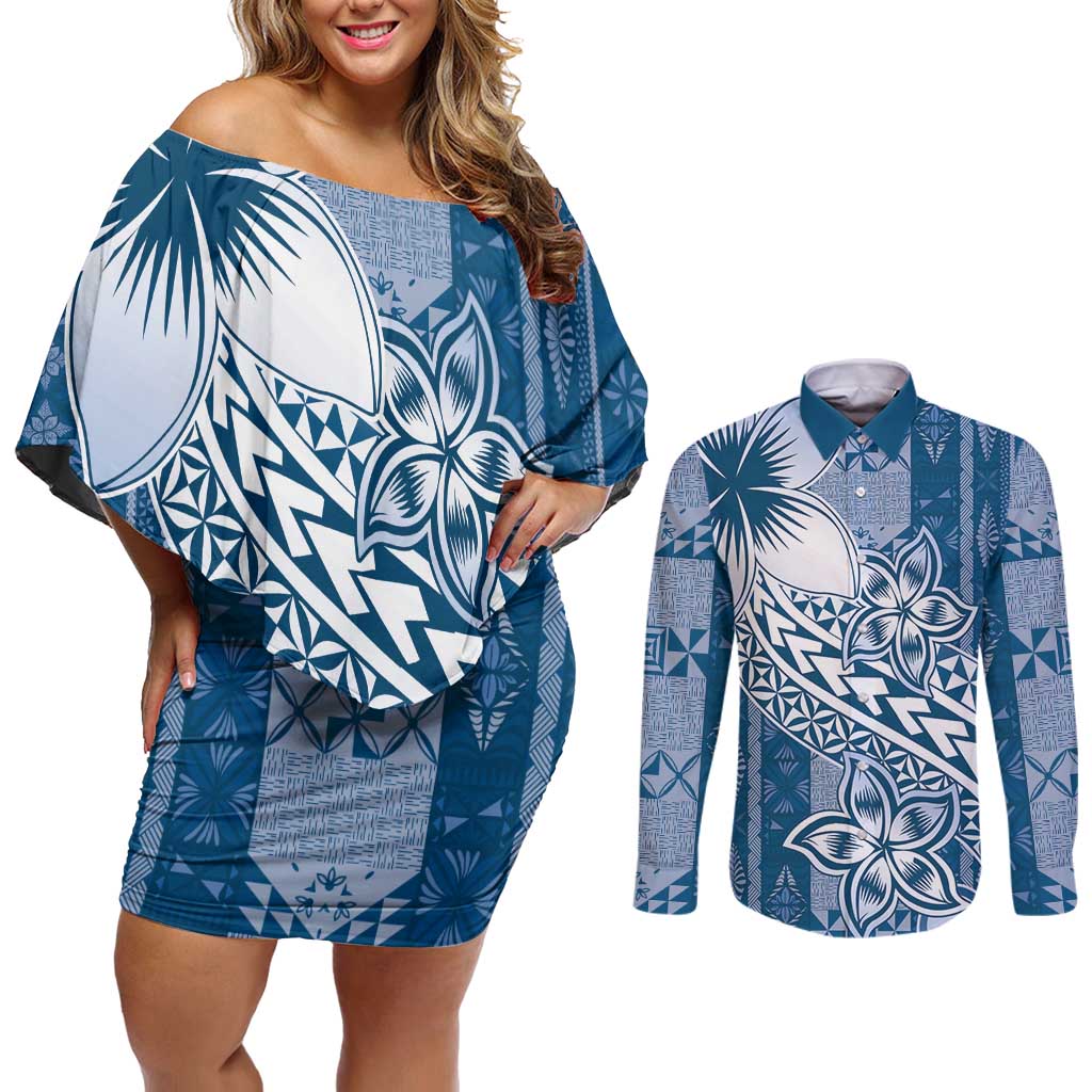 Tonga Kupesi Ngatu Couples Matching Off Shoulder Short Dress and Long Sleeve Button Shirt Vintage Blue Plumeria LT05 Blue - Polynesian Pride
