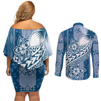 Tonga Kupesi Ngatu Couples Matching Off Shoulder Short Dress and Long Sleeve Button Shirt Vintage Blue Plumeria LT05 - Polynesian Pride