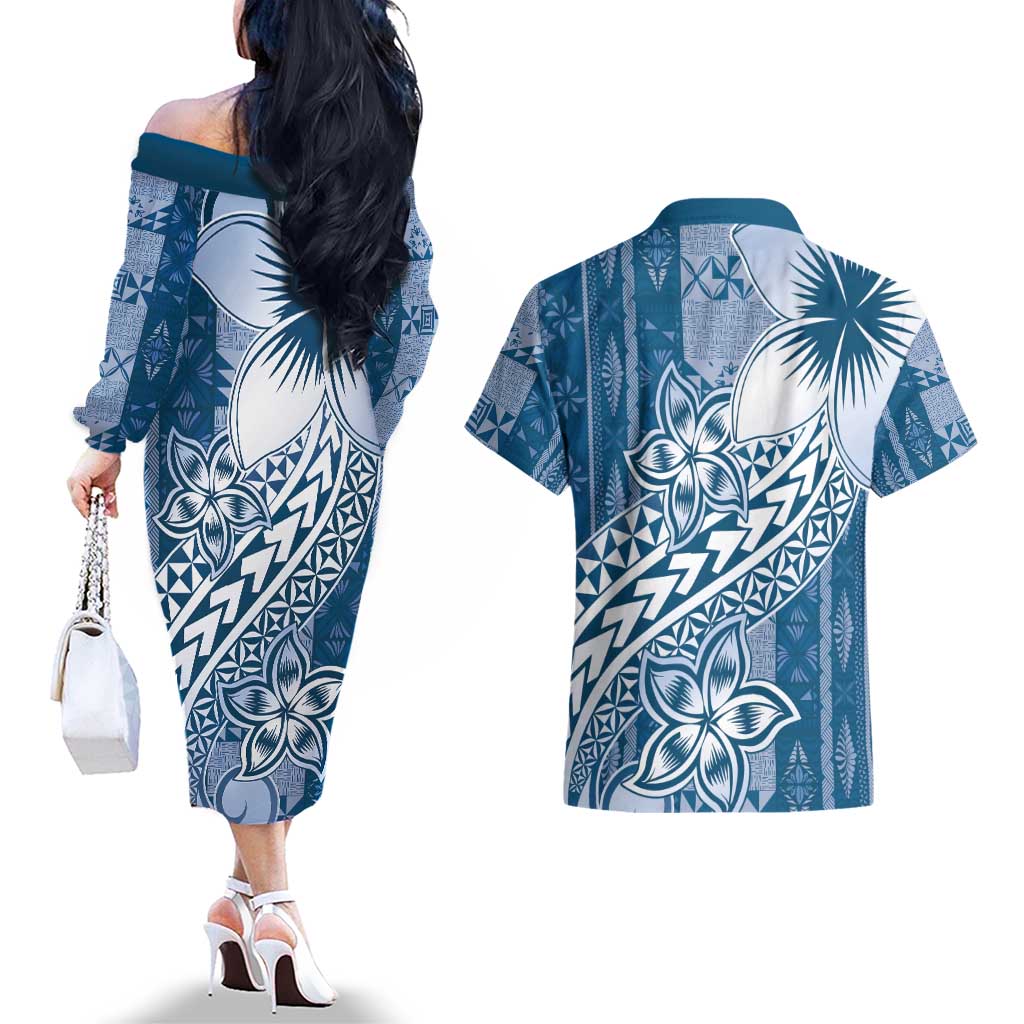 Tonga Kupesi Ngatu Couples Matching Off The Shoulder Long Sleeve Dress and Hawaiian Shirt Vintage Blue Plumeria