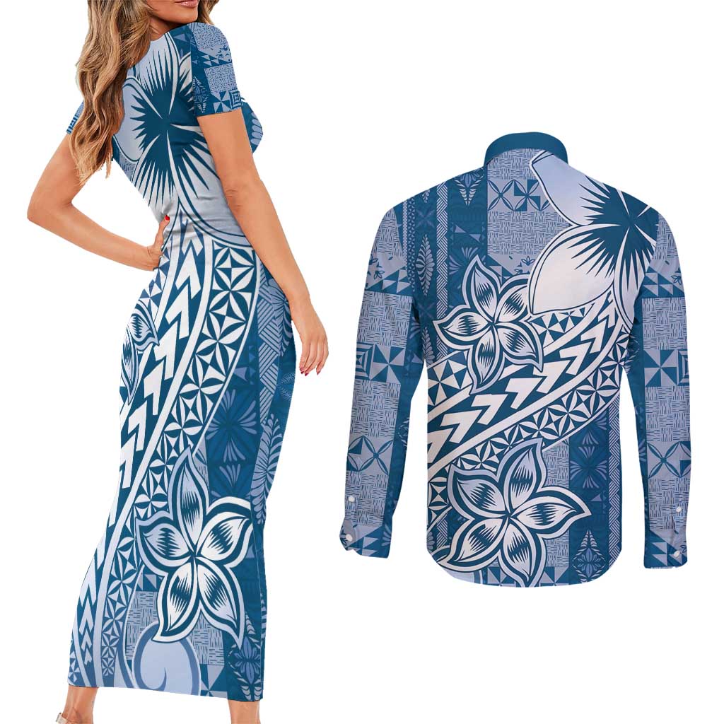 Tonga Kupesi Ngatu Couples Matching Short Sleeve Bodycon Dress and Long Sleeve Button Shirt Vintage Blue Plumeria