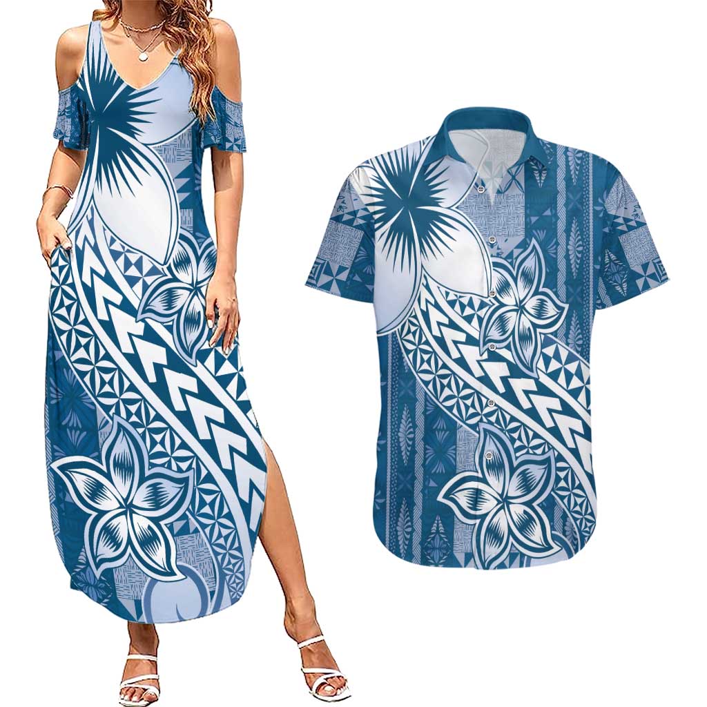 Tonga Kupesi Ngatu Couples Matching Summer Maxi Dress and Hawaiian Shirt Vintage Blue Plumeria