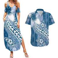 Tonga Kupesi Ngatu Couples Matching Summer Maxi Dress and Hawaiian Shirt Vintage Blue Plumeria