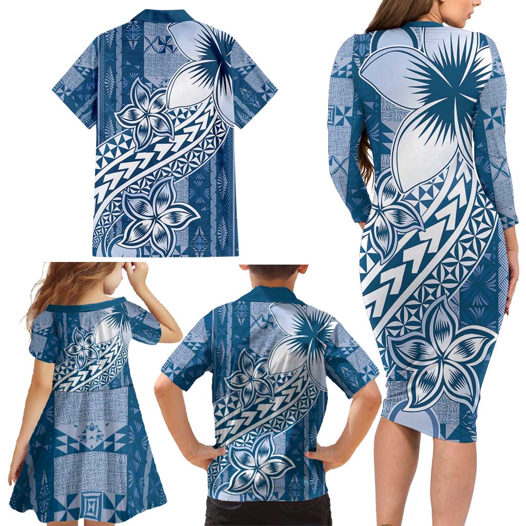 Tonga Kupesi Ngatu Family Matching Long Sleeve Bodycon Dress and Hawaiian Shirt Vintage Blue Plumeria