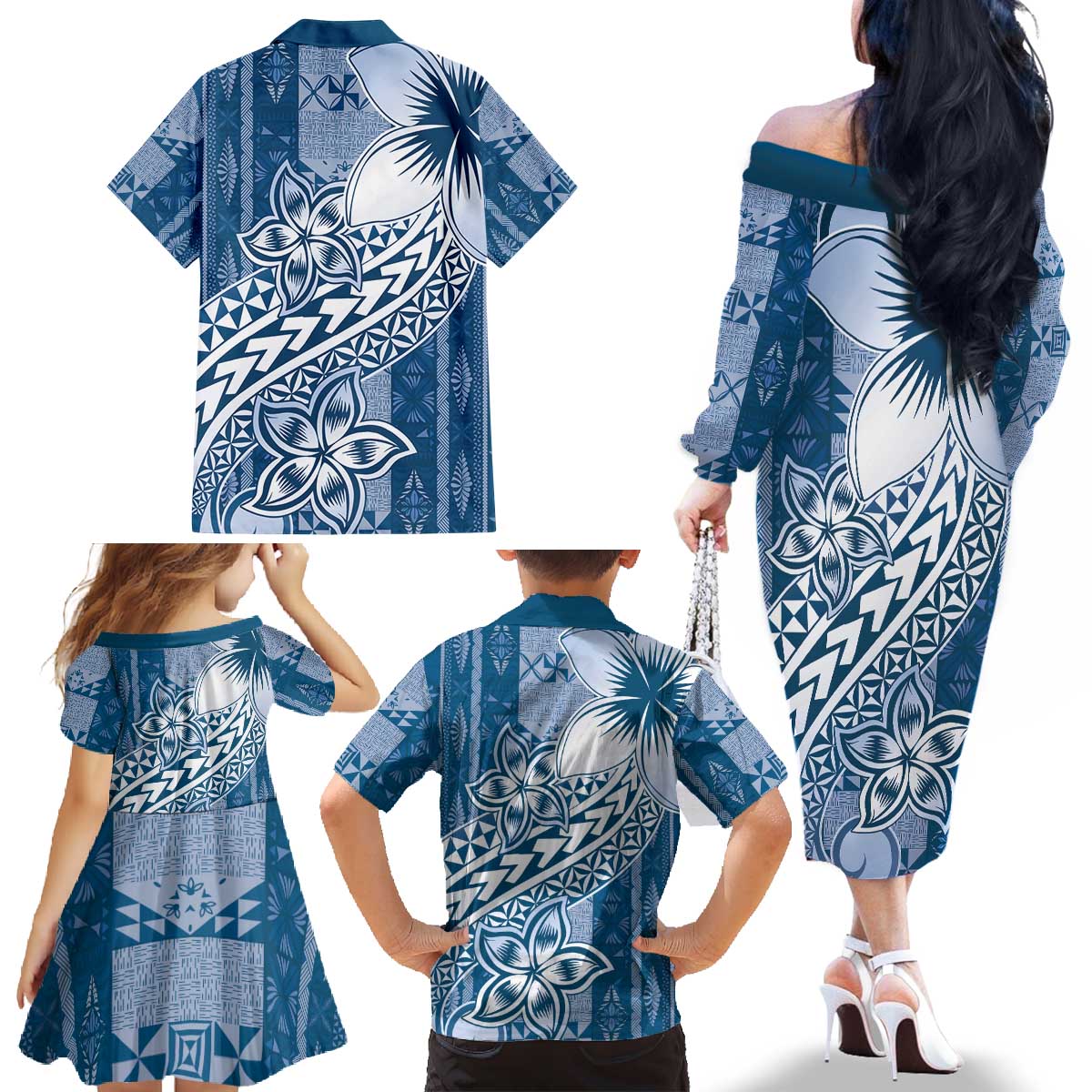 Tonga Kupesi Ngatu Family Matching Off The Shoulder Long Sleeve Dress and Hawaiian Shirt Vintage Blue Plumeria
