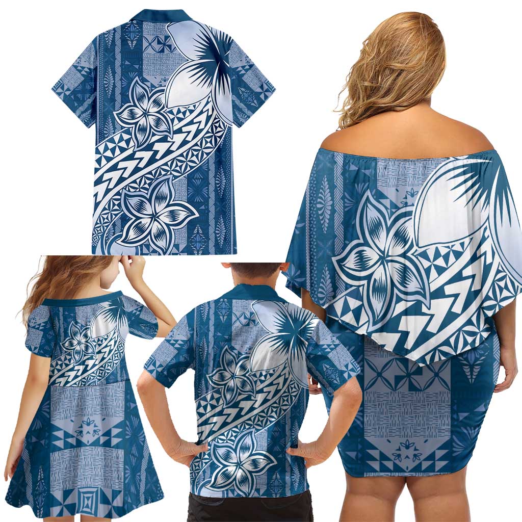 Tonga Kupesi Ngatu Family Matching Off Shoulder Short Dress and Hawaiian Shirt Vintage Blue Plumeria