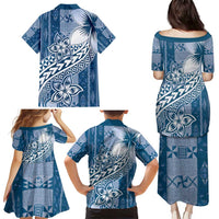 Tonga Kupesi Ngatu Family Matching Puletasi and Hawaiian Shirt Vintage Blue Plumeria