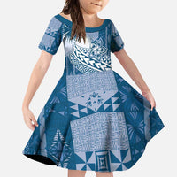 Tonga Kupesi Ngatu Family Matching Short Sleeve Bodycon Dress and Hawaiian Shirt Vintage Blue Plumeria