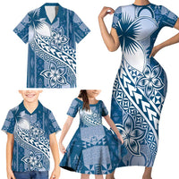 Tonga Kupesi Ngatu Family Matching Short Sleeve Bodycon Dress and Hawaiian Shirt Vintage Blue Plumeria