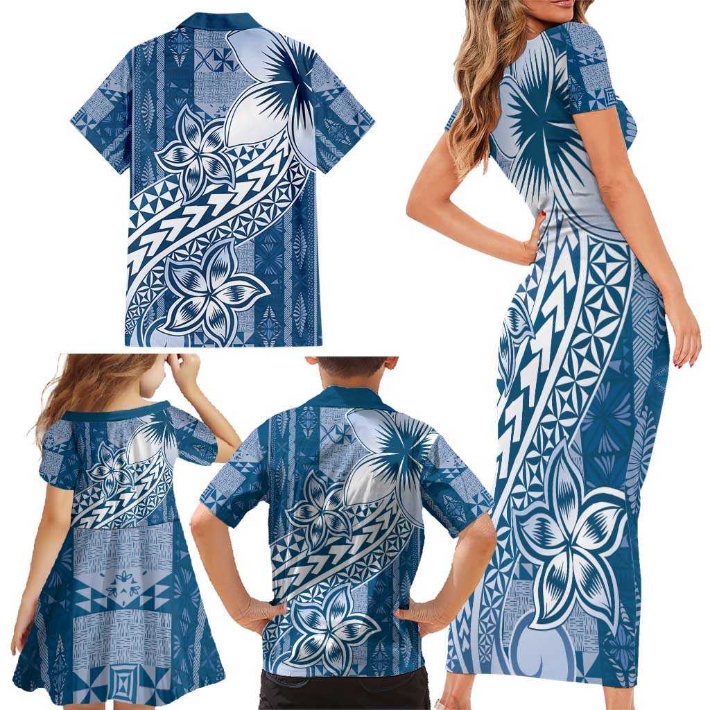 Tonga Kupesi Ngatu Family Matching Short Sleeve Bodycon Dress and Hawaiian Shirt Vintage Blue Plumeria