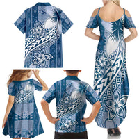 Tonga Kupesi Ngatu Family Matching Summer Maxi Dress and Hawaiian Shirt Vintage Blue Plumeria