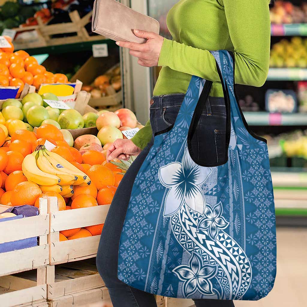 Tonga Kupesi Ngatu Grocery Bag Vintage Blue Plumeria