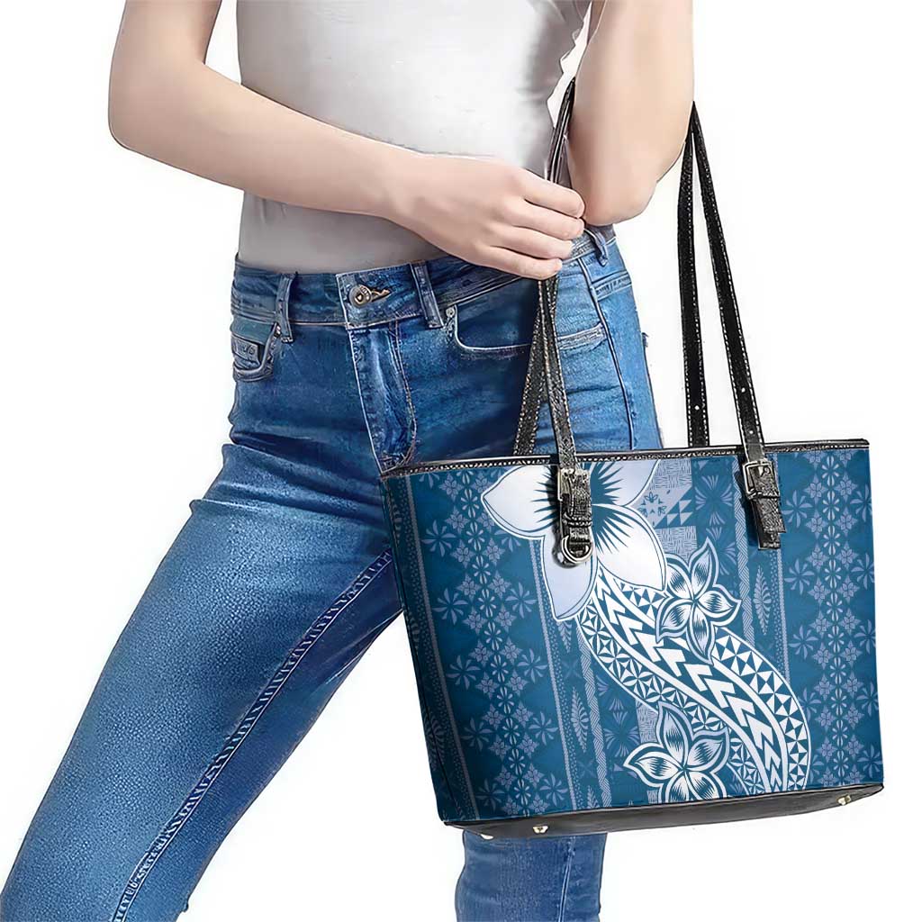 Tonga Kupesi Ngatu Leather Tote Bag Vintage Blue Plumeria