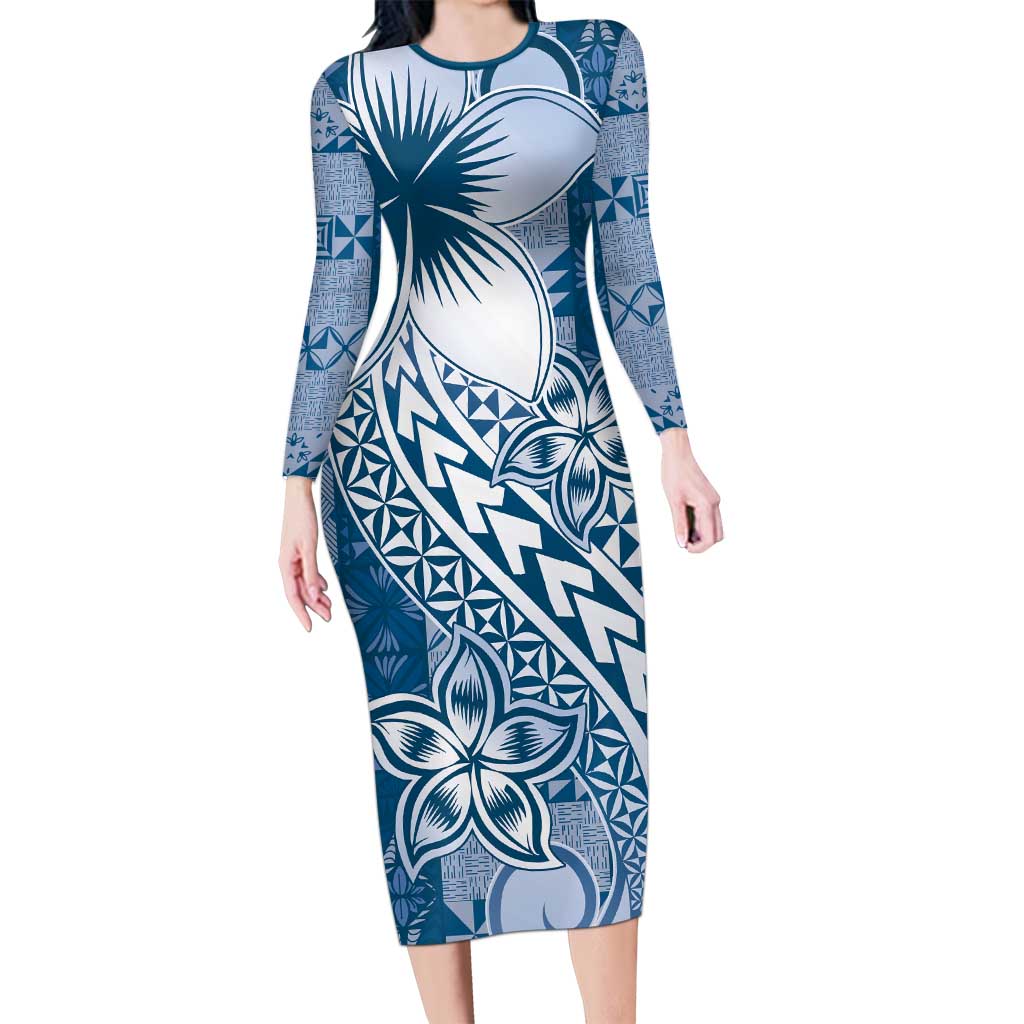 Tonga Kupesi Ngatu Long Sleeve Bodycon Dress Vintage Blue Plumeria
