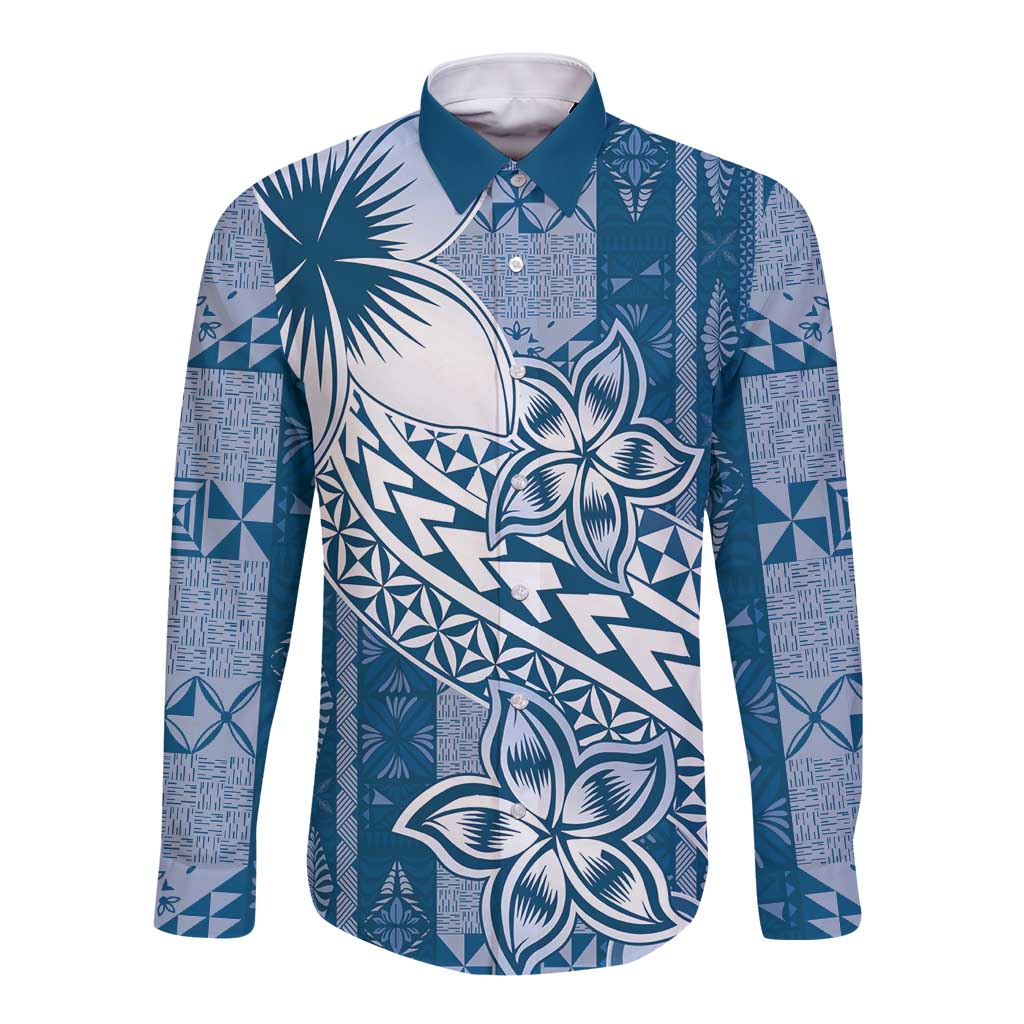 Tonga Kupesi Ngatu Long Sleeve Button Shirt Vintage Blue Plumeria