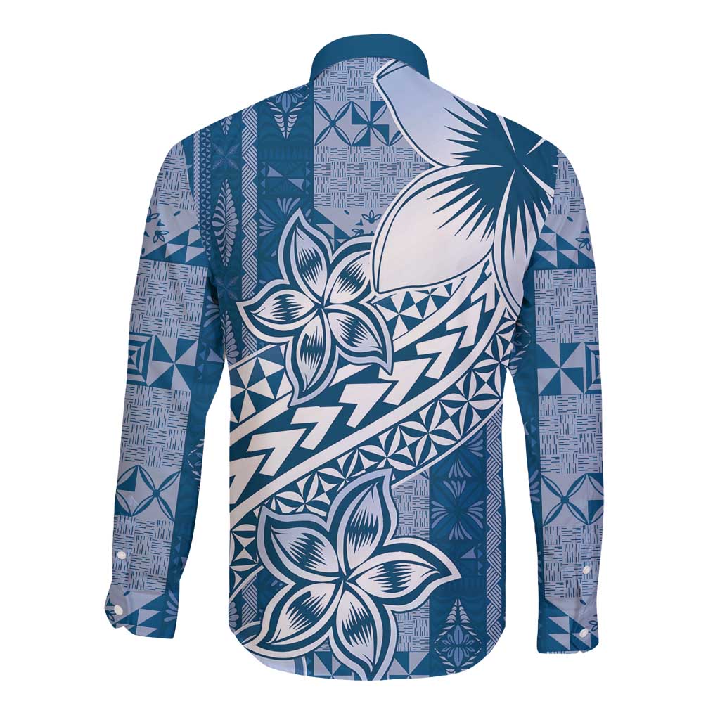 Tonga Kupesi Ngatu Long Sleeve Button Shirt Vintage Blue Plumeria