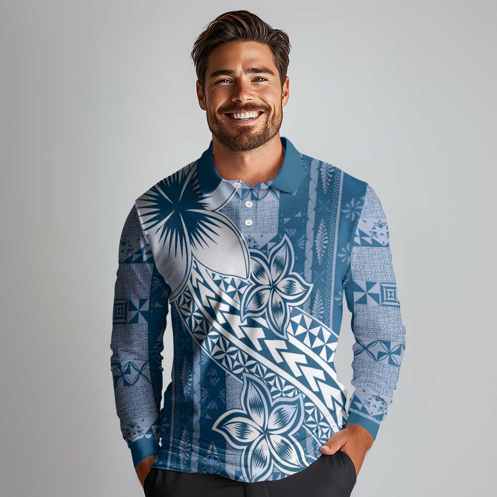 Tonga Kupesi Ngatu Long Sleeve Polo Shirt Vintage Blue Plumeria
