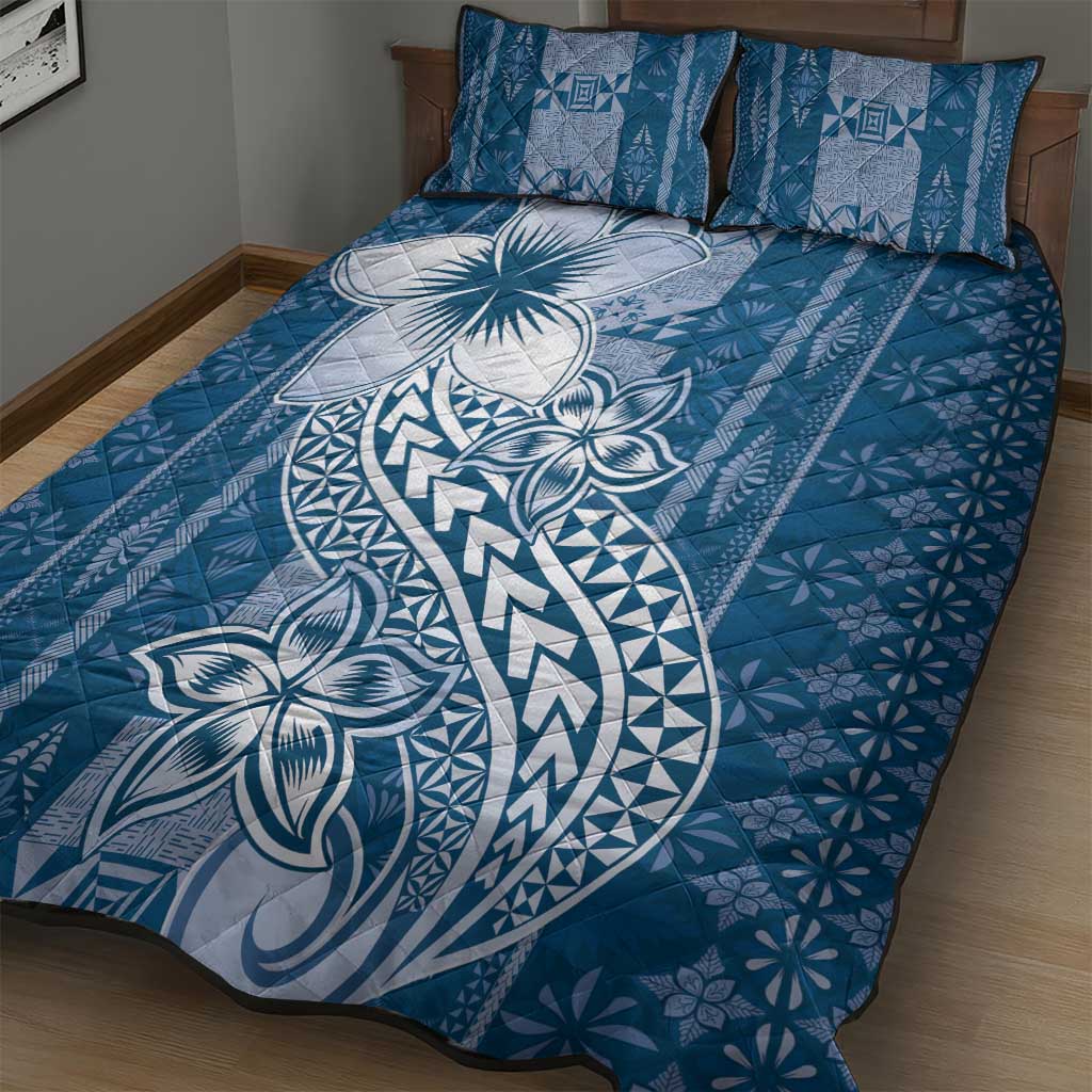 Tonga Kupesi Ngatu Quilt Bed Set Vintage Blue Plumeria LT05 - Polynesian Pride