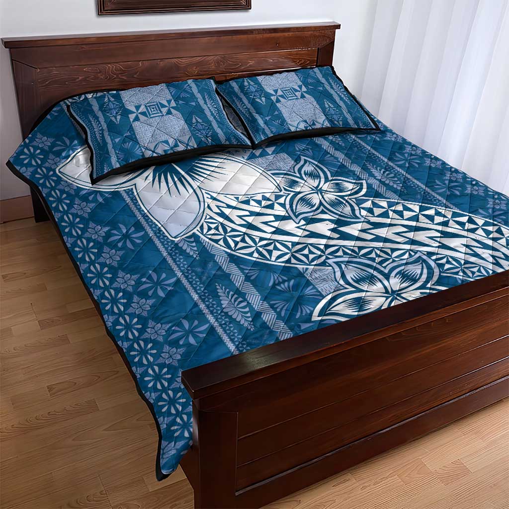 Tonga Kupesi Ngatu Quilt Bed Set Vintage Blue Plumeria LT05 - Polynesian Pride