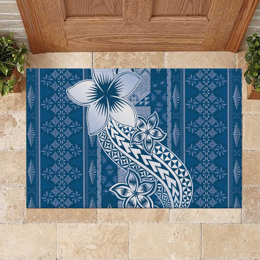 Tonga Kupesi Ngatu Rubber Doormat Vintage Blue Plumeria