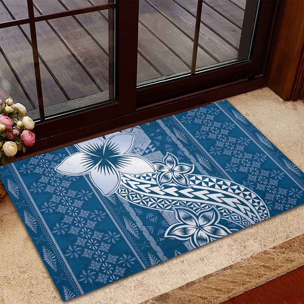 Tonga Kupesi Ngatu Rubber Doormat Vintage Blue Plumeria