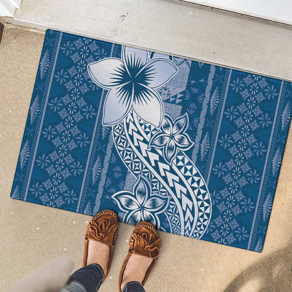 Tonga Kupesi Ngatu Rubber Doormat Vintage Blue Plumeria