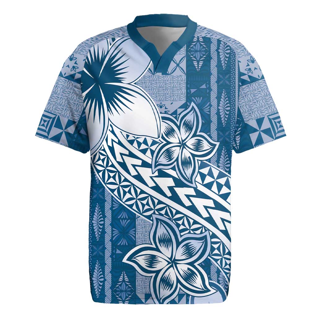 Tonga Kupesi Ngatu Rugby Jersey Vintage Blue Plumeria