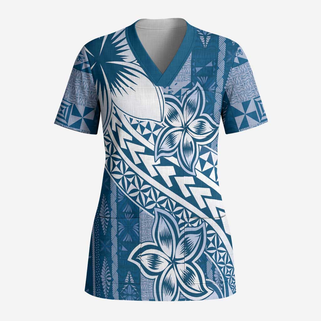 Tonga Kupesi Ngatu Scrub Top Vintage Blue Plumeria - Polynesian Pride
