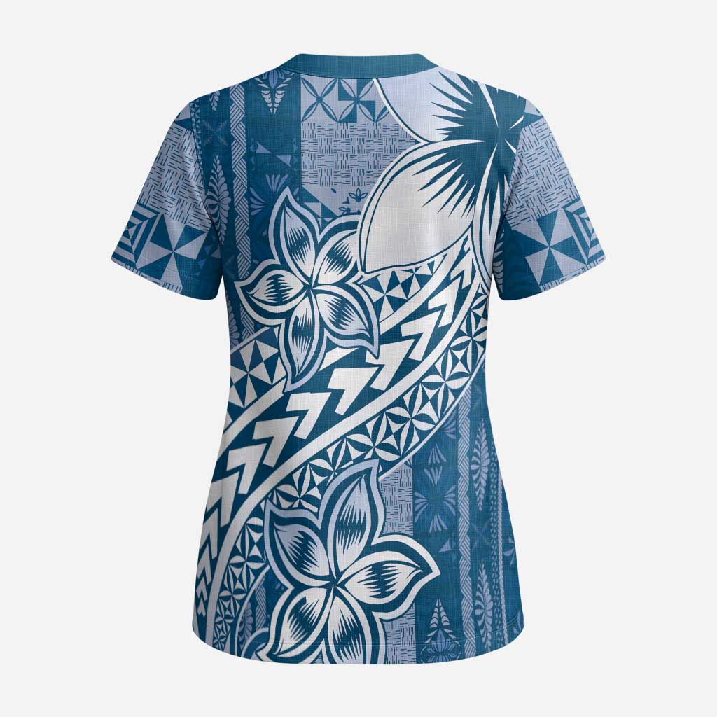 Tonga Kupesi Ngatu Scrub Top Vintage Blue Plumeria - Polynesian Pride