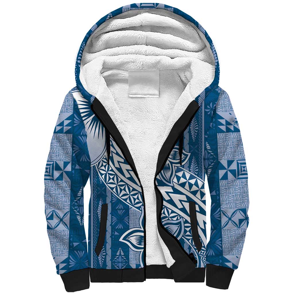 Tonga Kupesi Ngatu Sherpa Hoodie Vintage Blue Plumeria